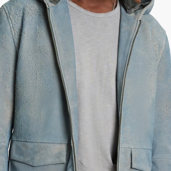 John Varvatos Collection Men's Mateo Hooded Jacket Distressed Sheep Leather Blue - Picture 4 of 7